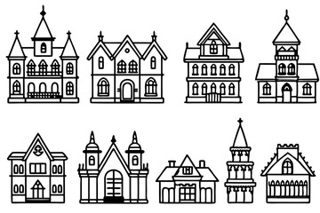 Victorian House Line Art Design Illustration Architecture Drawing