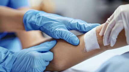 Healing Touch Compassionate Doctor Applying Bandage to Patient's Arm with Blue Gloves