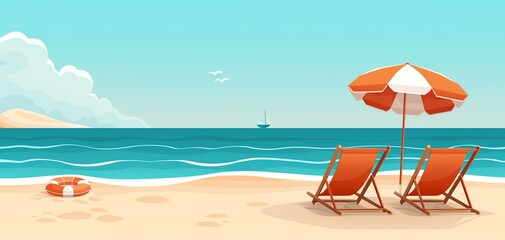 Peaceful beach scene with two lounge chairs and an umbrella, perfect for a relaxing day by the ocean.