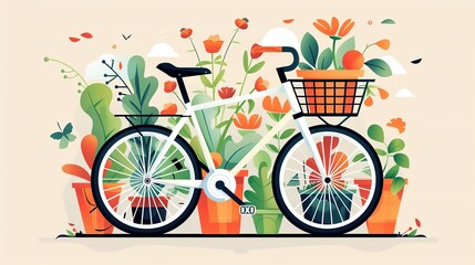 Fototapeta premium Whimsical illustration of a bicycle with a basket surrounded by colorful flowers and plants, showcasing a vibrant and lively atmosphere.