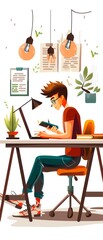 Fototapeta premium Young student with glasses concentrating on work at a desk, surrounded by plants and notes, under hanging bulbs. Artistic and productive workspace.