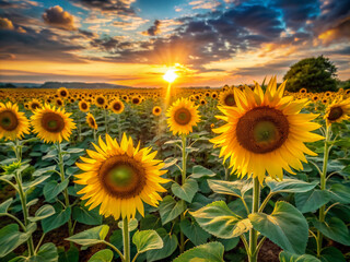 Fototapeta premium Vibrant sunflowers stretch towards the horizon, basking in golden light, amidst a sea of tall green stems and leaves in a vast, serene field at sunset.