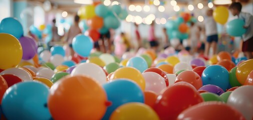 Giant number balloons at a birthday party, kids playing around bright indoor lighting, festive atmosphere, joyful celebration