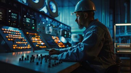 A diligent technician in a control room operates an intricate dashboard of instruments illuminated by the soft glow of numerous indicators and screens.
