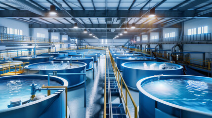 A modern aquaculture facility with numerous large circular tanks filled with water, lit by industrial lights in a spacious, clean environment.