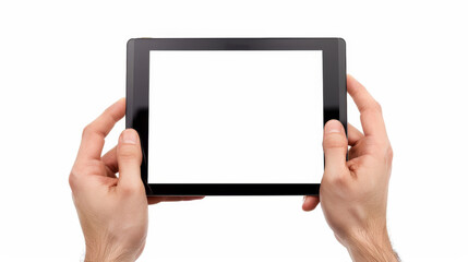 Pair of hands holding a black tablet with a blank white screen, isolated on a white background, ready for customization.