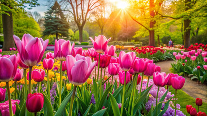 Obraz premium Vibrant pink tulips bloom in a lush park garden, creating a stunning spring scene with a natural backdrop of colorful seasonal plants, evoking serenity.