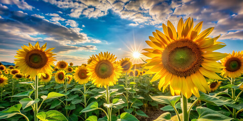 Obraz premium Vibrant yellow sunflowers stretch towards the sky, swaying gently in the breeze, filling a lush green field with bright warm colors and joyful atmosphere.