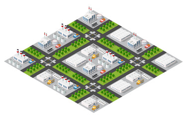Industrial city map with factories and plants isometric view