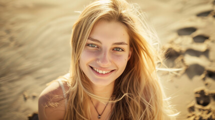 A woman with flowing blonde hair smiles warmly while seated on a sandy beach, bathed in sunlight.