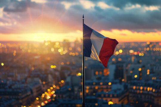 Bandiera della Francia issata che sventola in primo piano, con la citt&agrave; di Parigi sullo sfondo