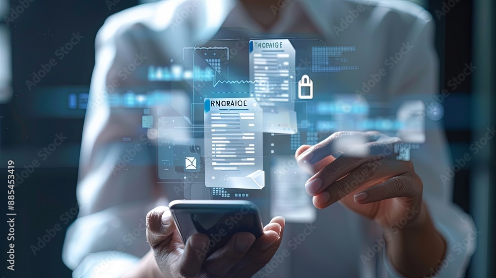 Poster invoice and online digital statements concept. businessman using smartphone with invoice icons on vi