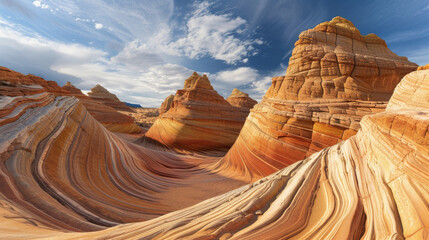 Majestic sandstone formations under a vibrant blue sky, showcasing striking layers and curves, capturing the essence of natural beauty and geological wonder.