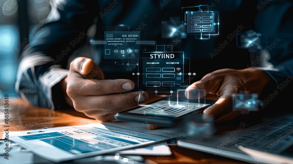 Poster invoice and online digital statements concept. businessman using smartphone with invoice icons on vi