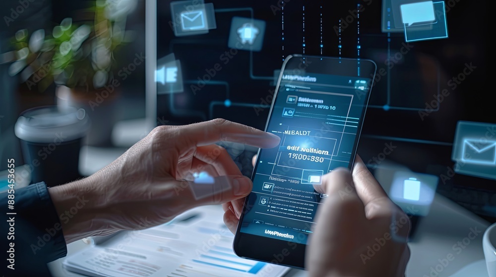 Poster invoice and online digital statements concept. businessman using smartphone with invoice icons on vi
