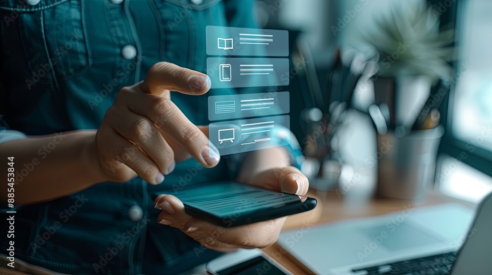 Poster invoice and online digital statements concept. businessman using smartphone with invoice icons on vi