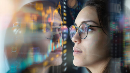A thoughtful woman with glasses analyzes stock figures displayed on a high-tech screen, symbolizing precision and intellect in the financial sector.