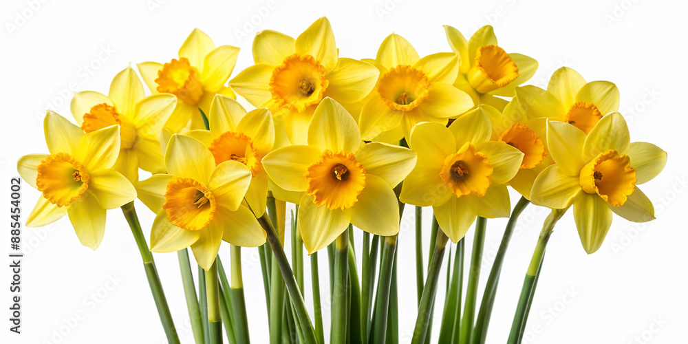 Wall mural vibrant yellow daffodil flowers with delicate trumpet-shaped centers and slender stems, isolated ove