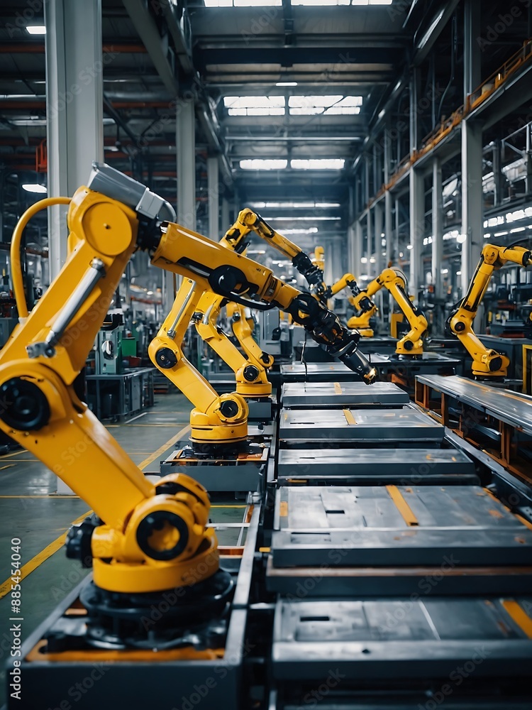 Poster precision robots operating on the assembly line in a car factory