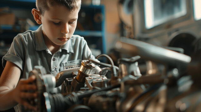 A young boy focuses on working with engine parts in a well-lit workshop, showcasing his curiosity and engineering skills.