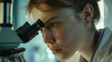 A focused scientist peers intently through a microscope, exemplifying concentration and dedication to scientific exploration in a modern lab setting.