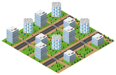 Modern isometric city with people walking and relaxing in a park