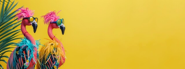Obraz premium Happy Birthday, summer party, travel carnival festive celebration, funny animals card banner - Group collection set of flamingos with sunglasses and palm tree leaves, isolated on yellow background