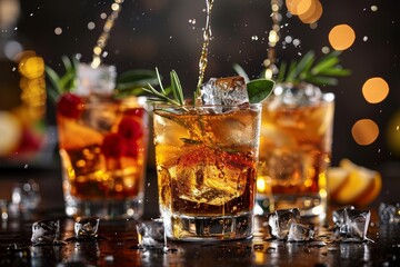 Cocktails with garnishes and ice cubes suspended mid-pour