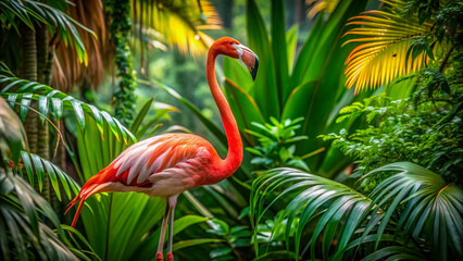 Fototapeta premium Vibrant pink flamingo stands tall amidst lush green foliage in a serene jungle landscape, its elegant neck and legs a striking contrast to its surroundings.