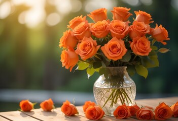 A bouquet of vibrant orange roses in a vase on a wooden table, with a blurred green background