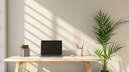 Minimalist workspace with a wooden desk, laptop, a plant, and pencil holders, illuminated by striped shadows from window blinds. Clean and focused setting.
