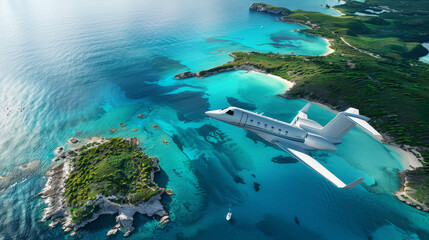 Obraz premium A sleek private jet soars over turquoise waters and lush islands, showcasing a luxury escape and adventure from a stunning aerial perspective.