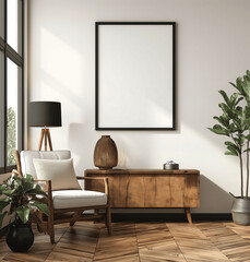 Stylish Minimalist Living Room with Wooden Sideboard and Indoor Plants with an Empty Poster Template