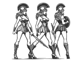 Fototapeta premium female warriors, ancient armor and helmets, swords and shields, various stances sketch engraving generative ai fictional character vector illustration. Scratch board imitation. Black and white image.
