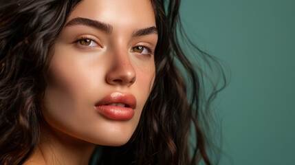 Naklejka premium A young woman with deep, expressive eyes and wavy hair gazes intensely, her features softly illuminated against a muted green backdrop.