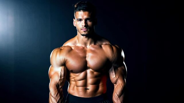 muscular man bodybuilder. Close-up view of a bodybuilder shirtless man showing his abs and muscles on camera. Fitness, sports and health concept 4k video