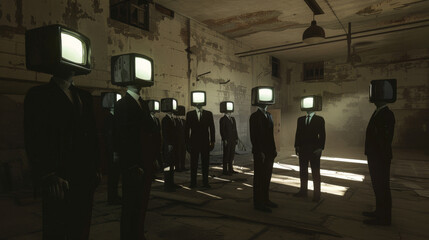 A surreal scene with people in suits wearing television sets as heads, in a dilapidated room, symbolizing the influence of media and the loss of individual identity.