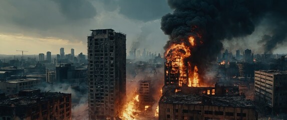 apocalypse war zone city burning down buildings.