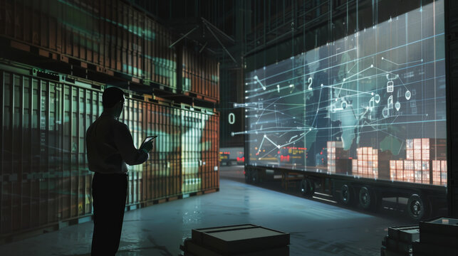 A silhouetted figure stands amidst cargo containers, using a tablet to interact with a holographic display of global shipping data.