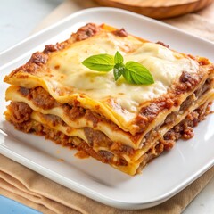 Delicious lasagna garnished with basil leaves, served on a white plate, showcasing traditional Italian cuisine.
