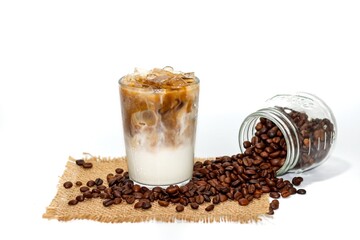 Latte ice coffee and coffee beans serving on wooden tray.isolated concept.