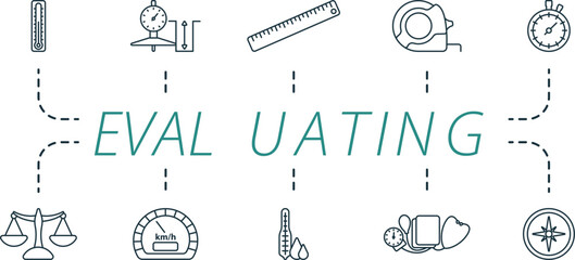 Evaluating outline icons set. Creative icons: thermometer, depth gauge, ruler, roulette, stopwatch, scales, speedometer, hygrometer, tonometer, compass.