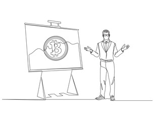 Continuous one line drawing of young presenter explaining business statistics in team meeting. One line drawing illustration of businessman explaining. Presentation for work office concept line art. E
