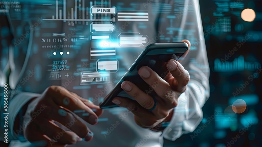 Poster invoice and online digital statements concept. businessman using smartphone with invoice icons on vi