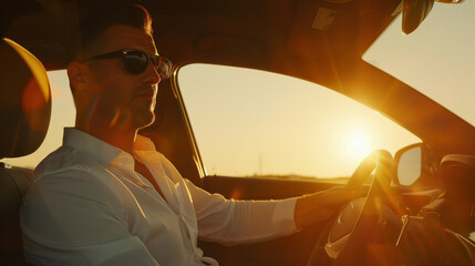 Naklejka premium A stylish man drives towards a setting sun, radiating a sense of confidence and leisure, while the golden light enhances the sophistication and elegance of the scene.