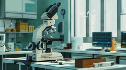 A high-powered microscope sits on a cluttered lab bench, surrounded by scientific equipment, highlighting a scene of intensive research and discovery.