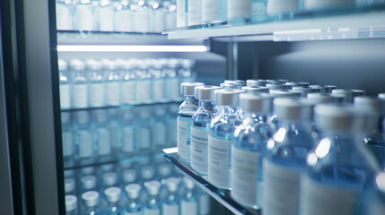 A refrigerator stocked with numerous vials of liquid, likely vaccines, highlighting medical storage and health preparedness.