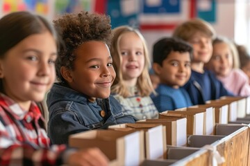 Obraz premium Group of diverse children sitting in a row in classroom, smiling and engaging in educational activities, enjoying learning together.