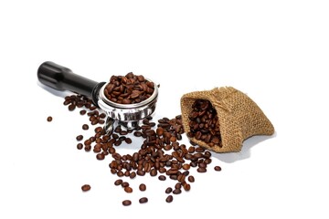 Coffee beans spreading out of sack on white background with isolated concept.