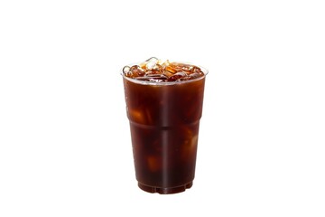 Coffee beans spreading near glass of Americano ice coffee. White ba and isolated concept.